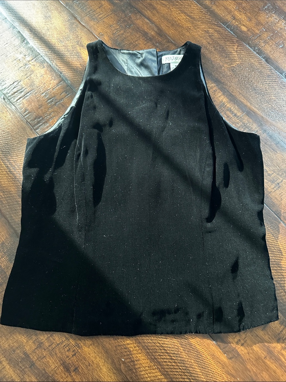 Vintage Ann Taylor Black Sleeveless Velvet Top with Detailed Button Back